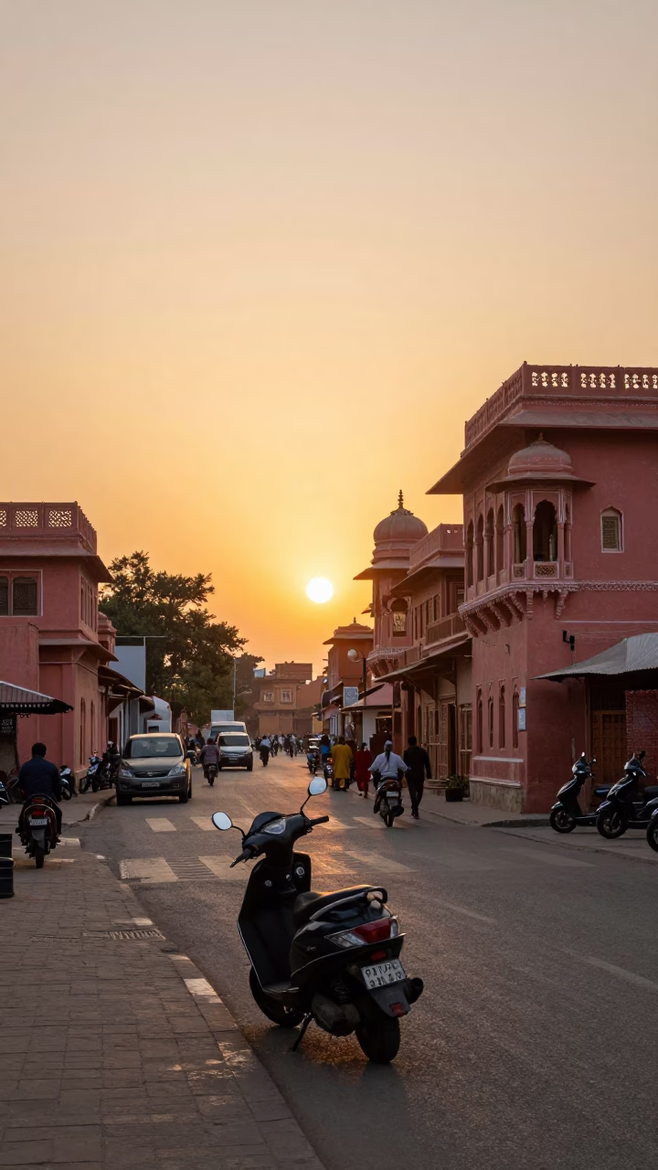 Golden Hour Street Scene in Jaipur India with Scooter and Local Market Life in in Jaipur, India