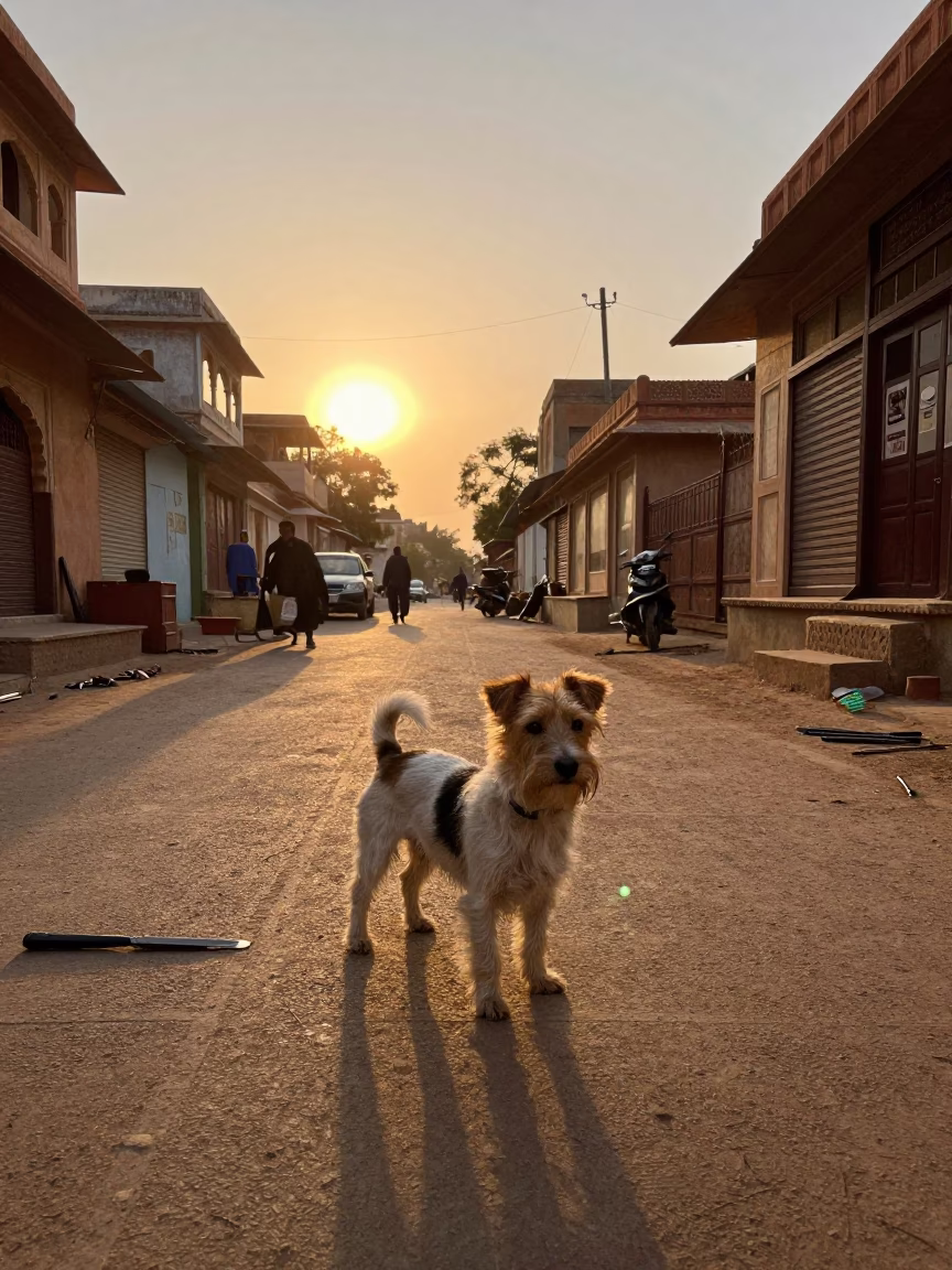Golden Hour Street Scene in Jaipur India with Sky Terrier and Chisel Tools in in Jaipur, India