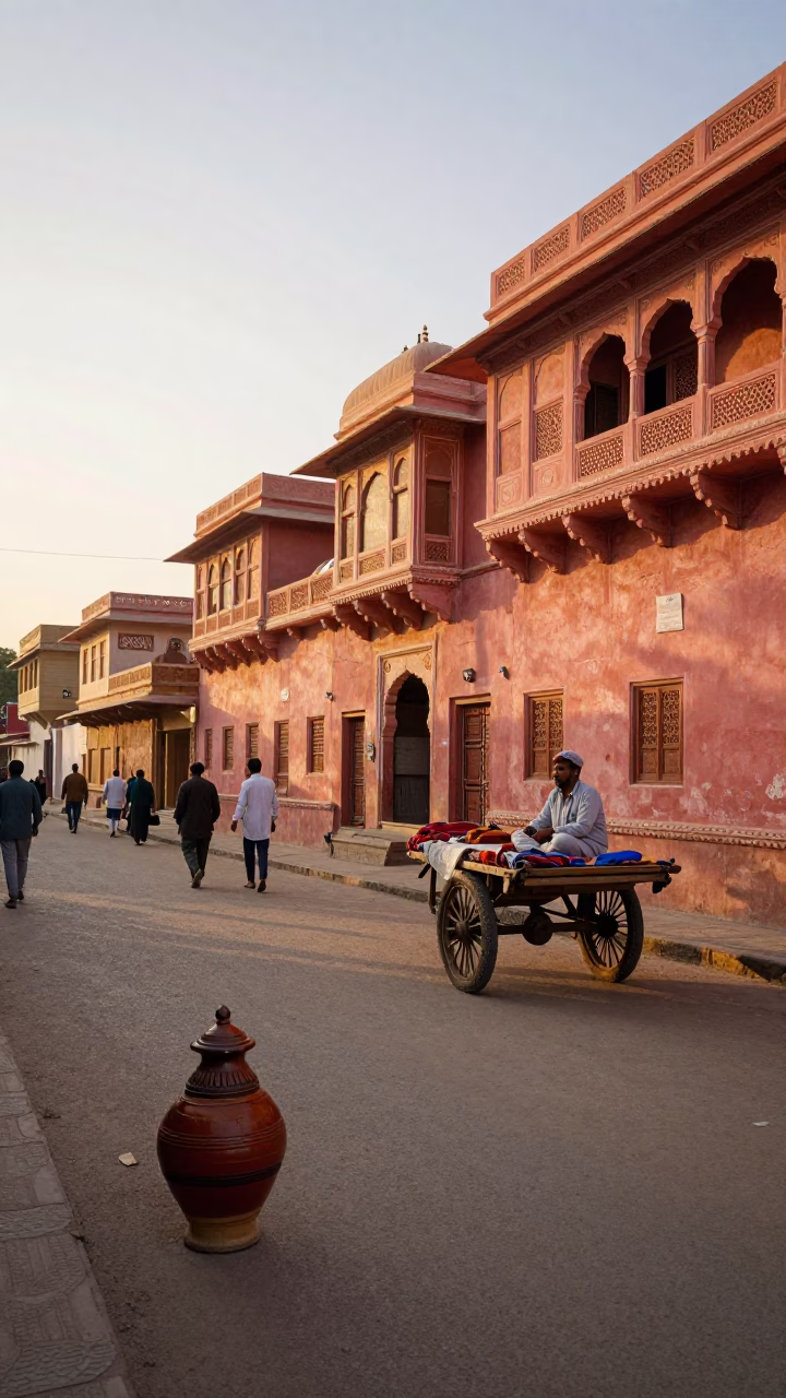 Golden Hour Street Scene in Jaipur India with Spice Jar and Blanket in in Jaipur, India