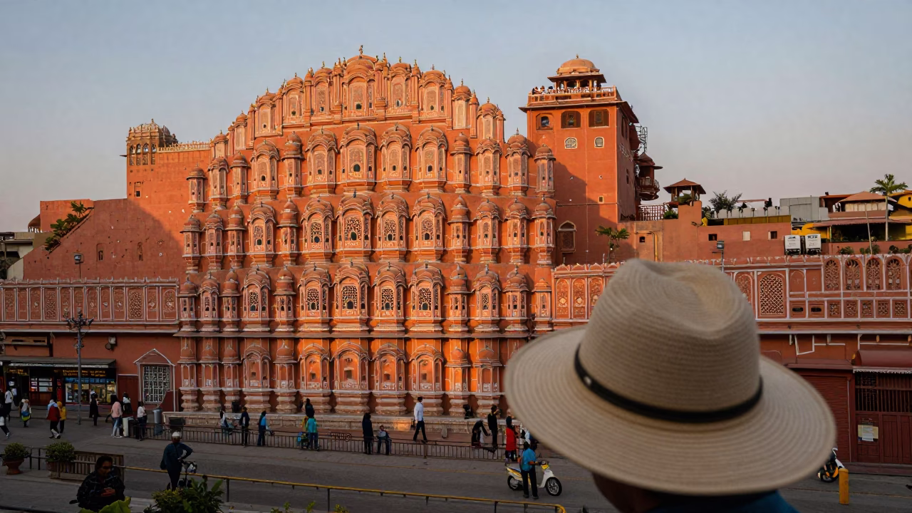 Golden Hour Street Scene in Jaipur India with Sun Hat and Local Architecture in in Jaipur, India