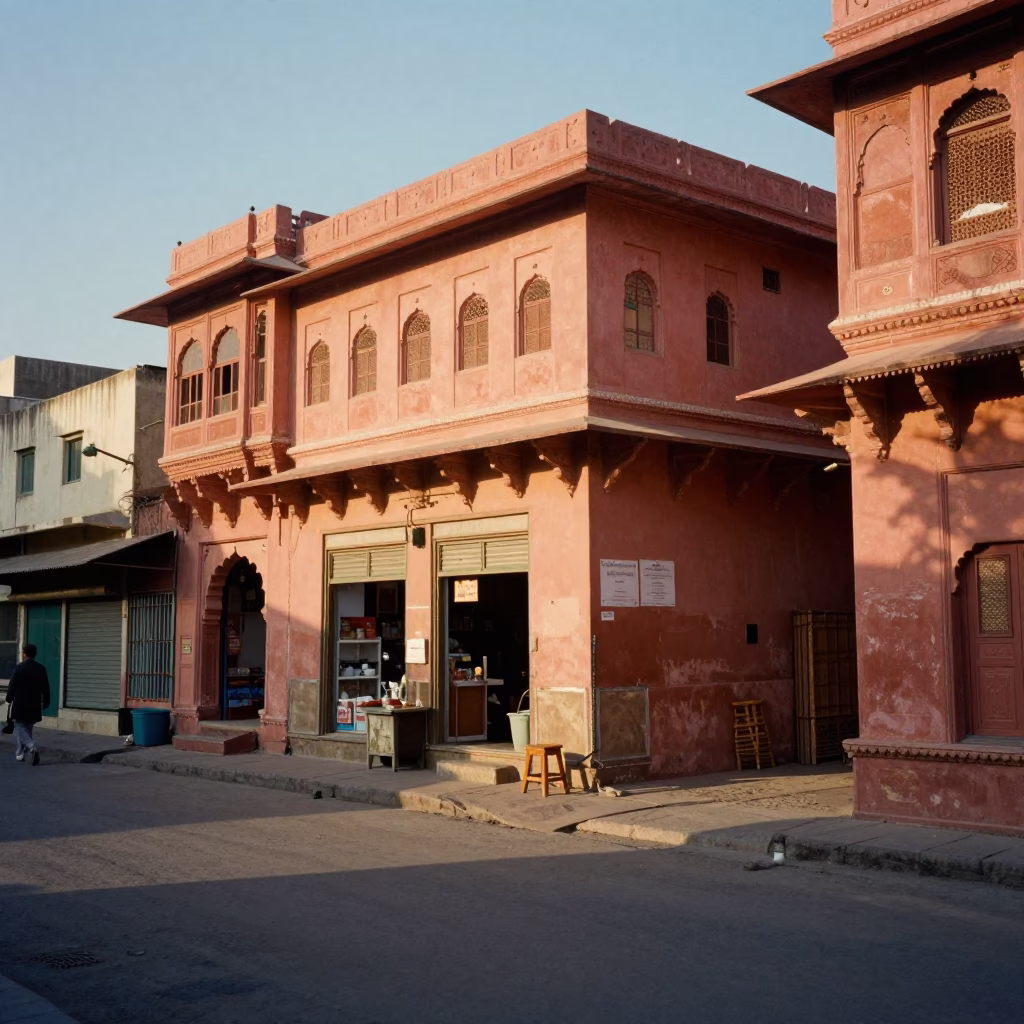 Golden Hour Street Scene in Jaipur India with Sunlight and Traditional Architecture in in Jaipur, India