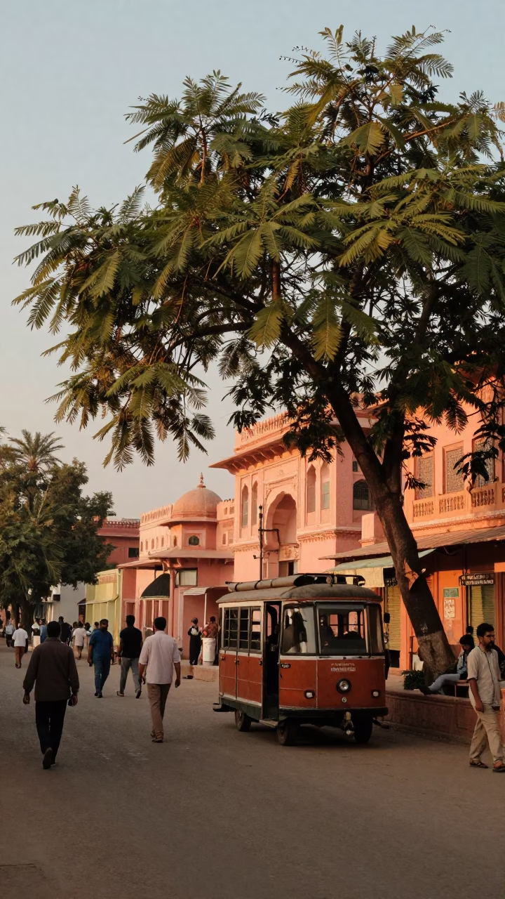 Golden Hour Street Scene in Jaipur India with Tamarind Tree and Old Trolley in in Jaipur, India