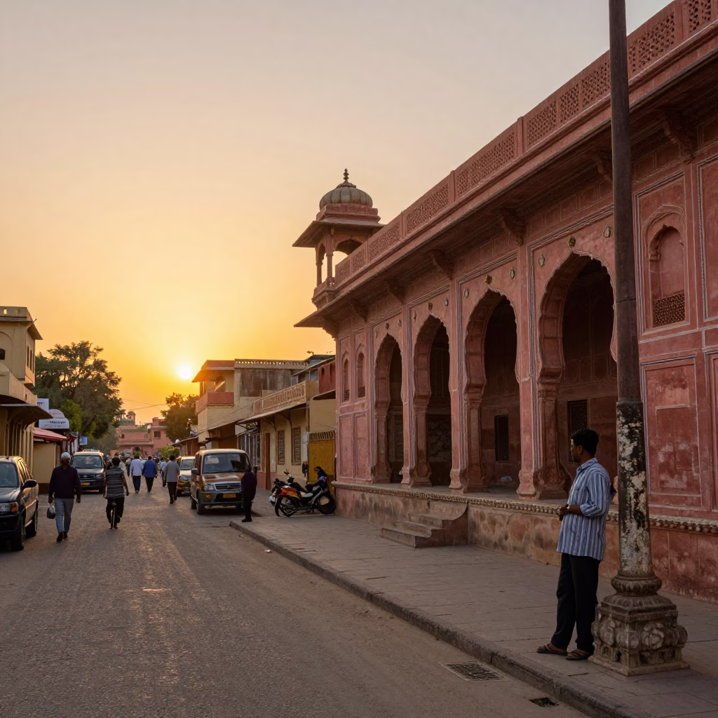Golden Hour Street Scene in Jaipur India with Traditional Architecture and Daily Life in in Jaipur, India