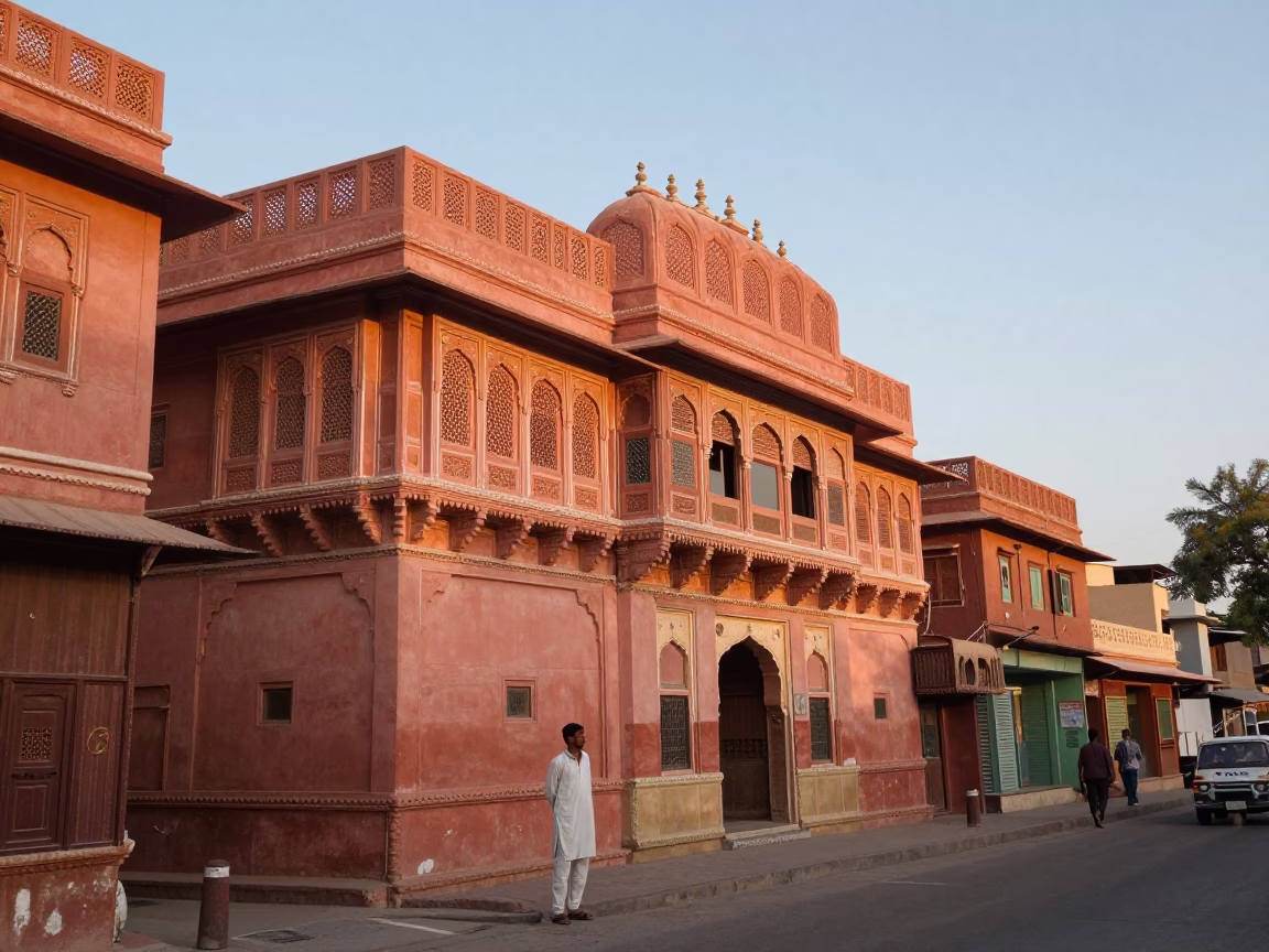 Golden Hour Street Scene in Jaipur India with Traditional Architecture and Local Life in in Jaipur, India