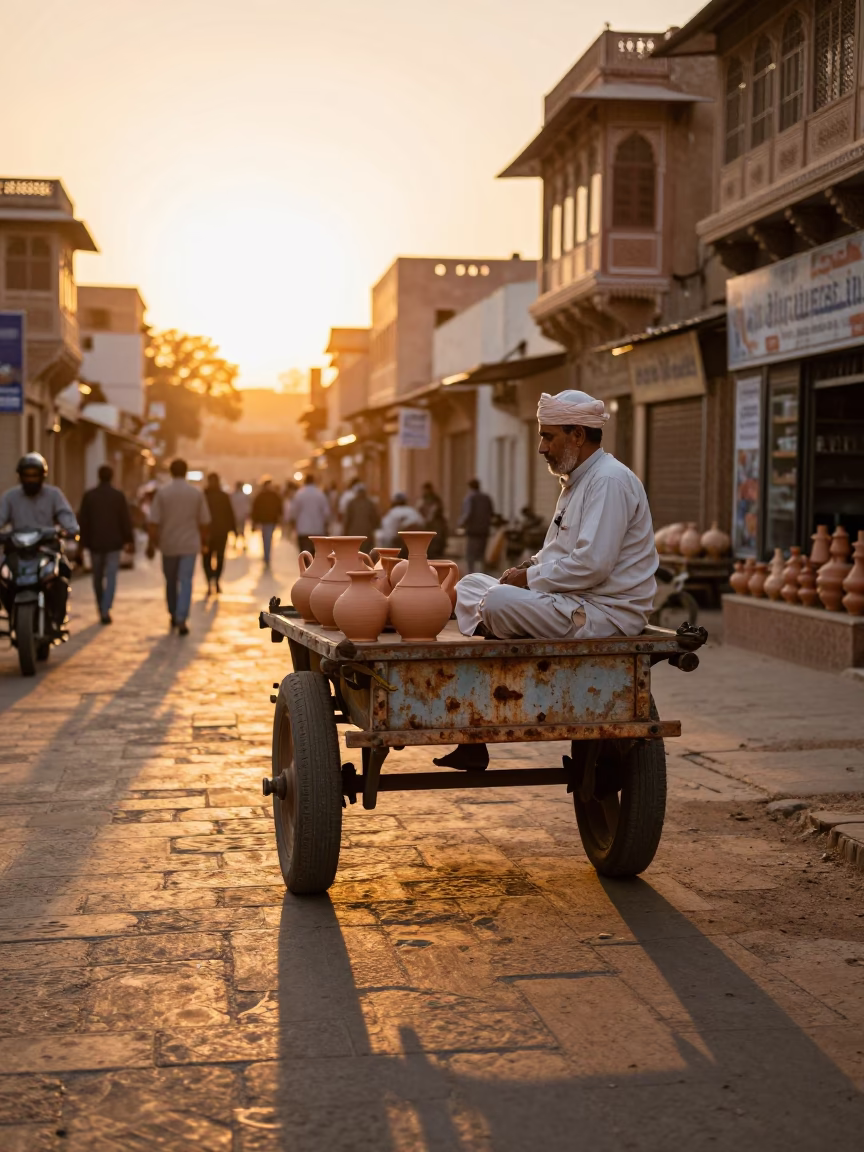 Golden Hour Street Scene in Jaipur India with Traditional Pottery and Rustic Table Details in in Jaipur, India