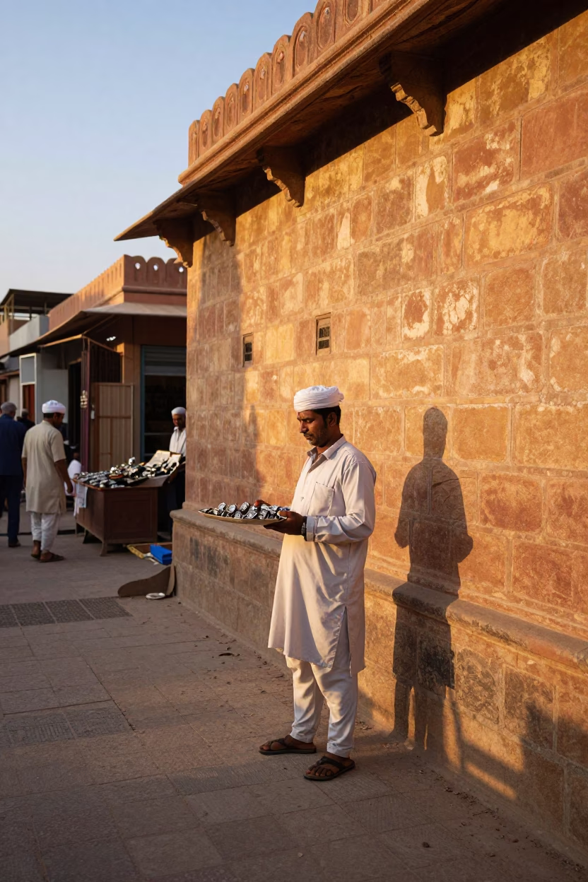 Golden Hour Street Scene in Jaipur India with Vendor and Traditional Jewelry in in Jaipur, India