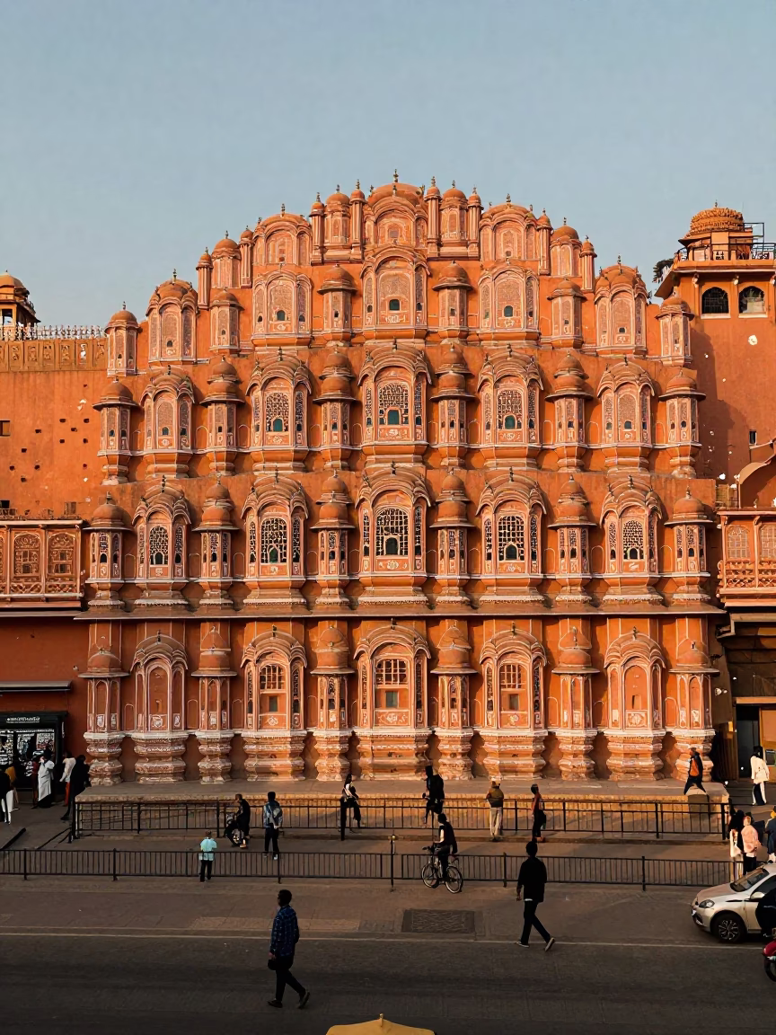 Golden Hour Street Scene in Jaipur India with Vintage 1980s Aesthetic and Local Life in in Jaipur, India
