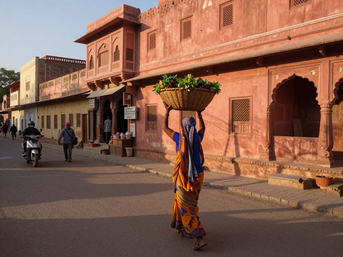 Golden Hour Street Scene in Jaipur India with Vintage Basket and Local Commerce in in Jaipur, India