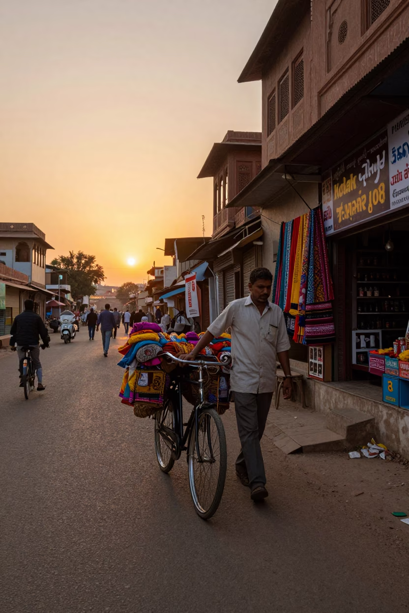 Golden Hour Street Scene in Jaipur India with Vintage Bicycle and Local Market Activity in in Jaipur, India
