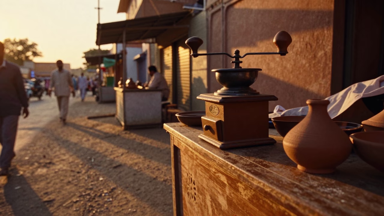 Golden Hour Street Scene in Jaipur India with Vintage Coffee Grinder and Sun Hat in in Jaipur, India
