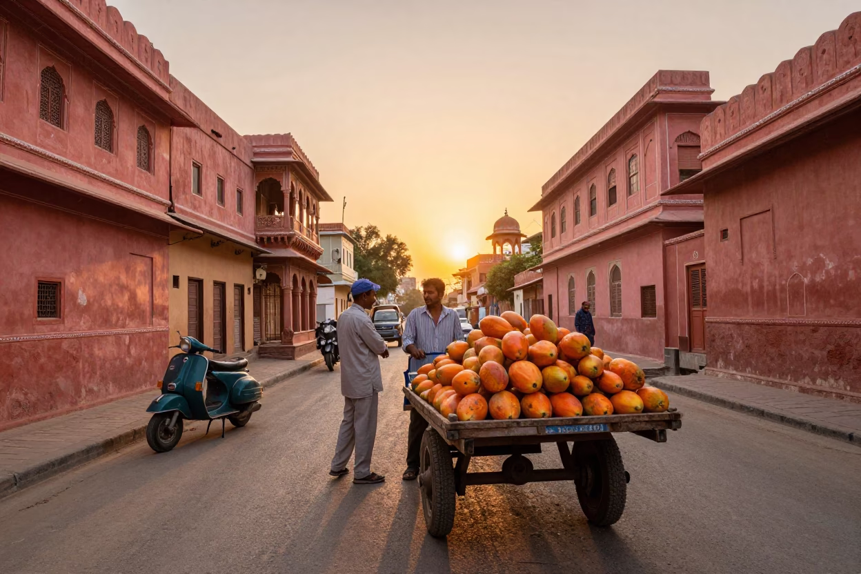 Golden Hour Street Scene in Jaipur India with Vintage Scooter and Papayas in in Jaipur, India