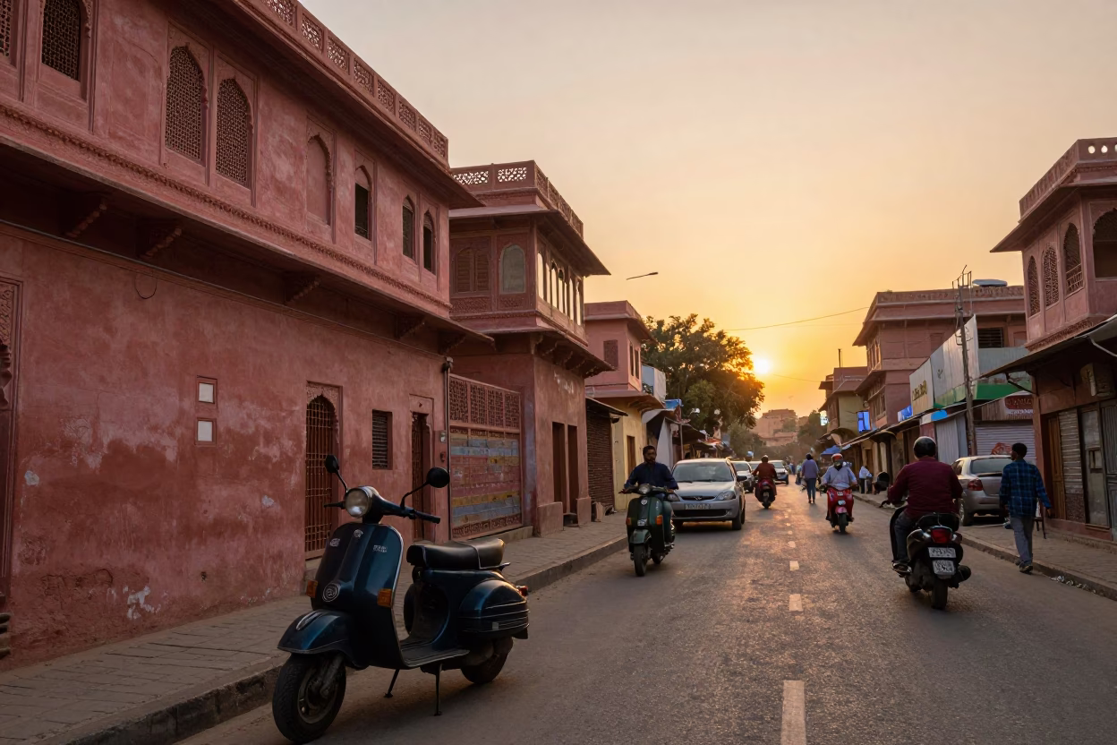 Golden Hour Street Scene in Jaipur India with Vintage Scooter and Traditional Architecture in in Jaipur, India