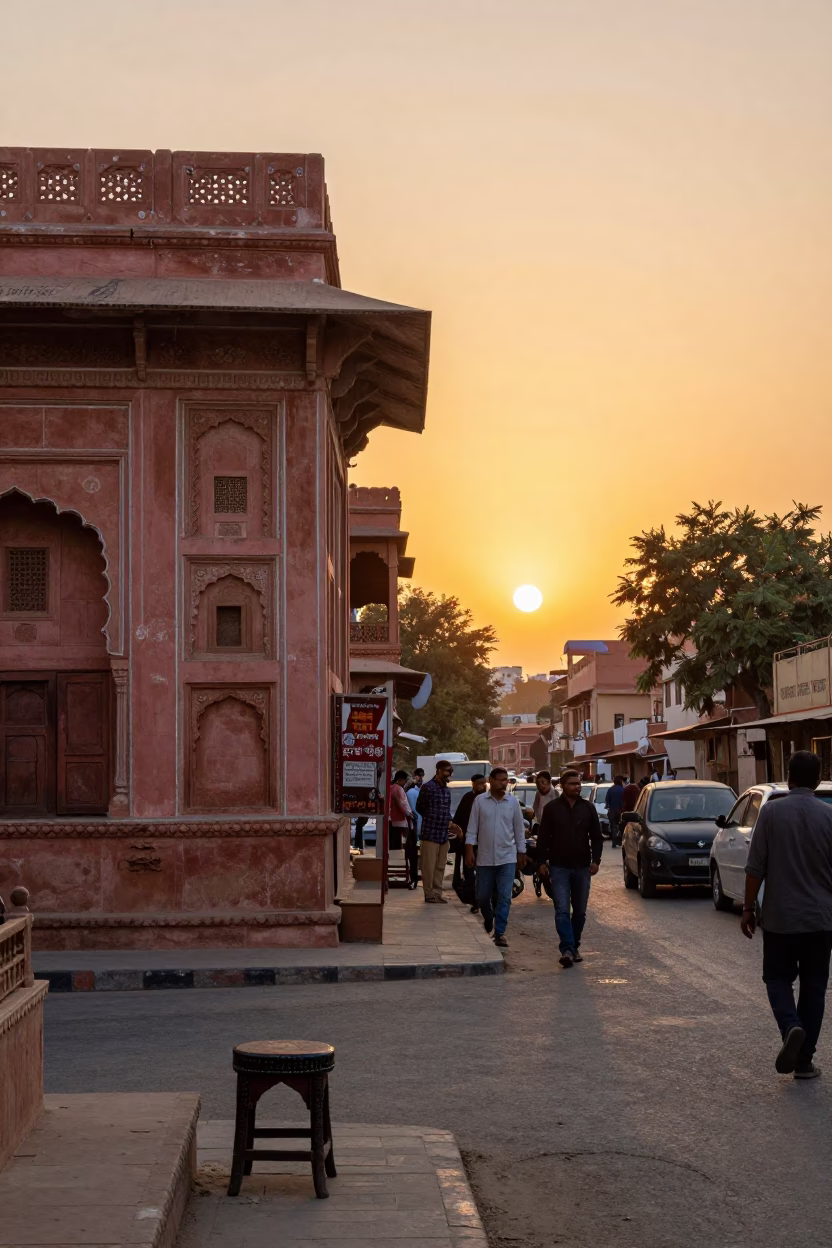 Golden Hour Street Scene in Jaipur India with Vintage Stool and Local Commerce in in Jaipur, India