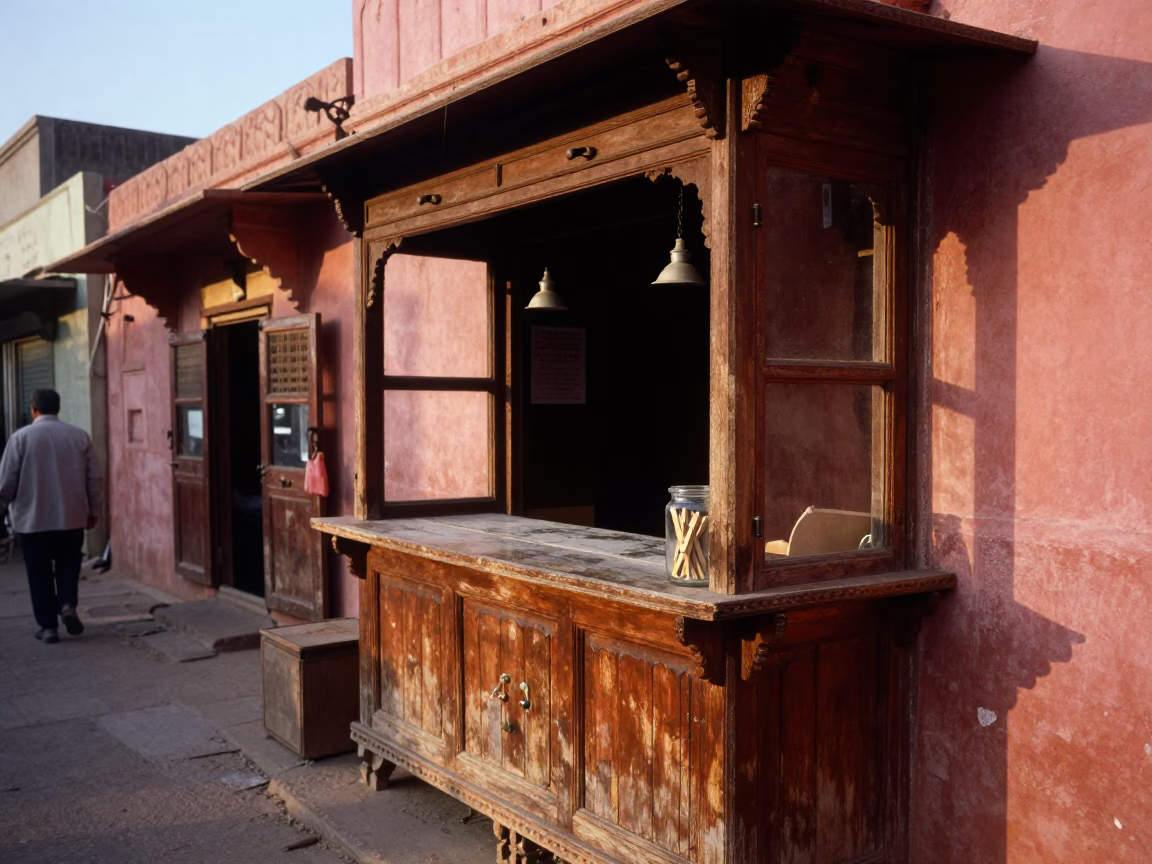 Golden Hour Street Scene in Jaipur India with Vintage Teahouse and Local Commerce in in Jaipur, India