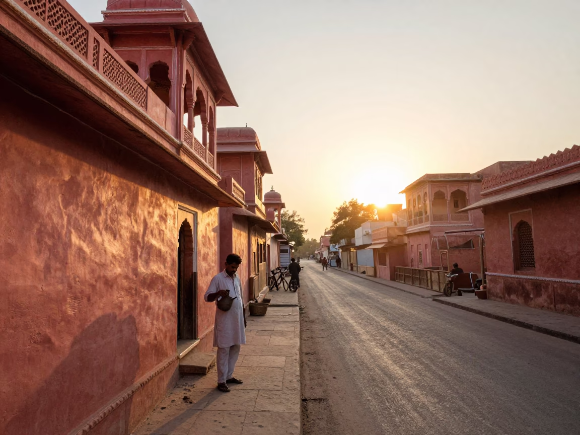 Golden Hour Street Scene in Jaipur India with Watering Jug and Traditional Architecture in in Jaipur, India