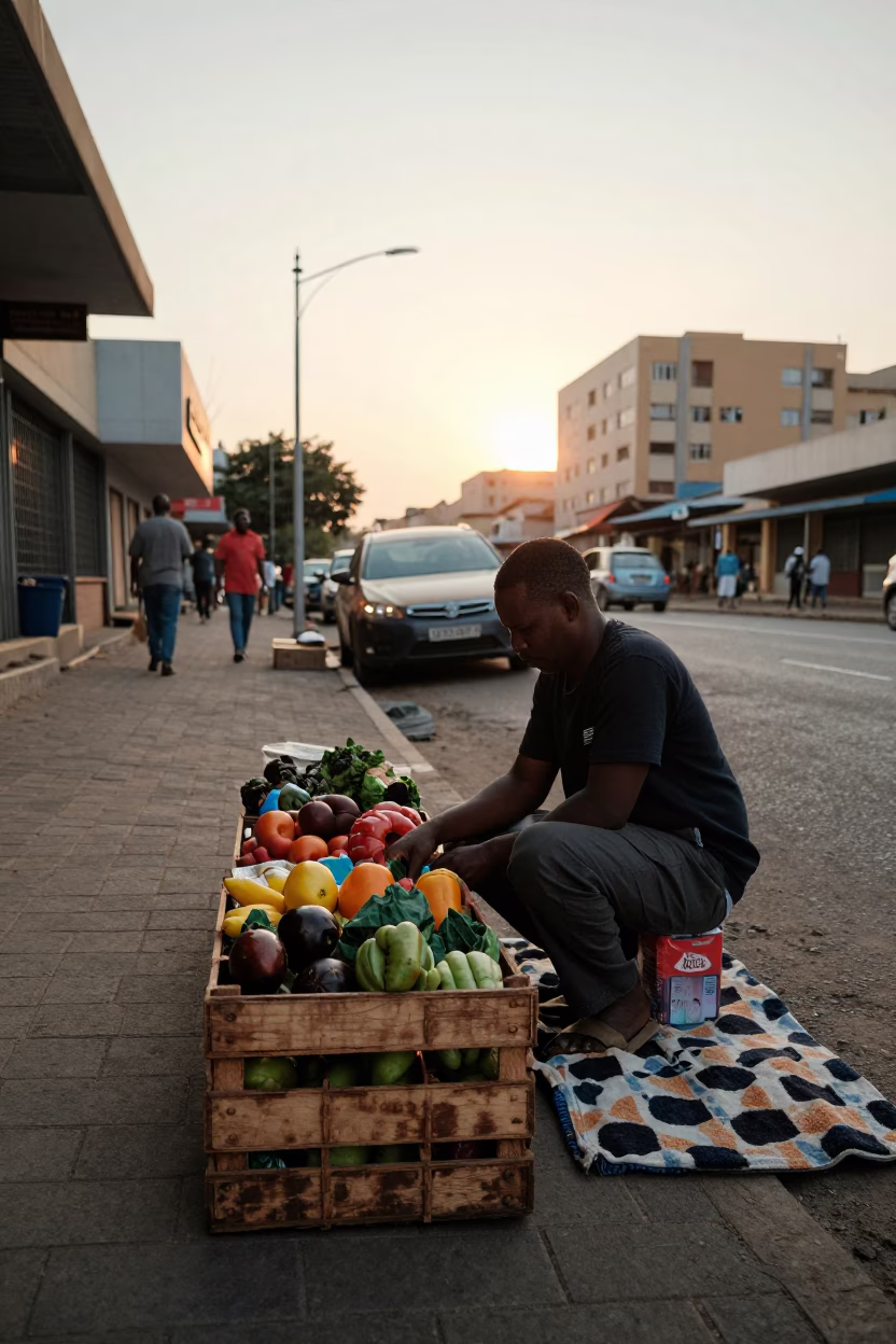 Golden Hour Street Scene in Johannesburg South Africa with Crate and Blanket in in Johannesburg, South Africa