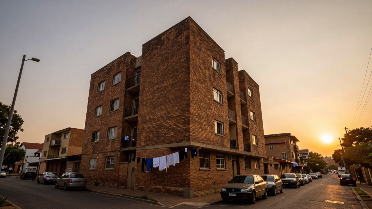 Golden Hour Street Scene in Johannesburg South Africa with Hanging Laundry and Urban Architecture in in Johannesburg, South Africa
