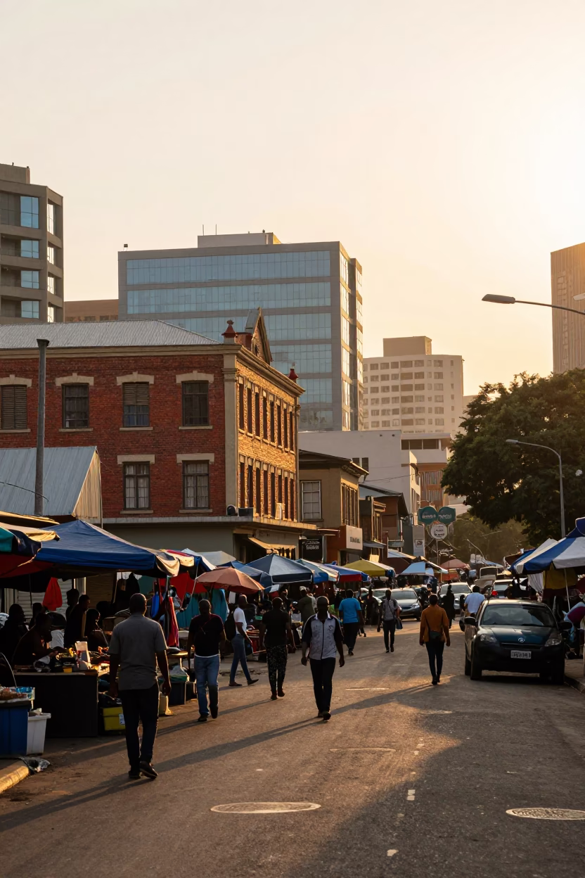 Golden Hour Street Scene in Johannesburg South Africa with Local Market Activity in in Johannesburg, South Africa