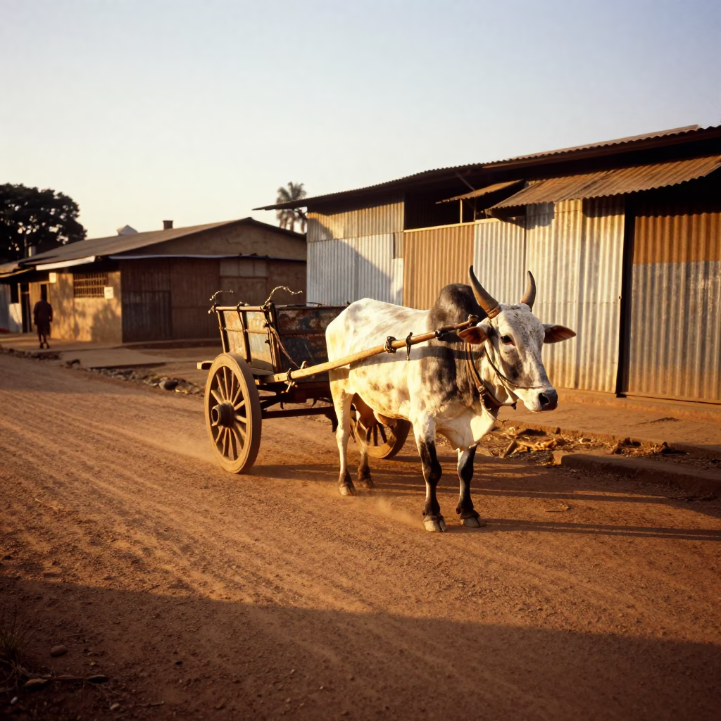 Golden Hour Street Scene in Johannesburg South Africa with Ox Cart on Dusty Road in in Johannesburg, South Africa