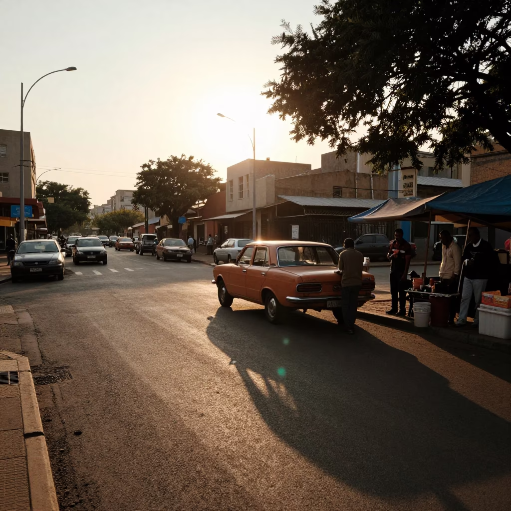 Golden Hour Street Scene in Johannesburg South Africa with Vintage Car and Local Vendor in in Johannesburg, South Africa