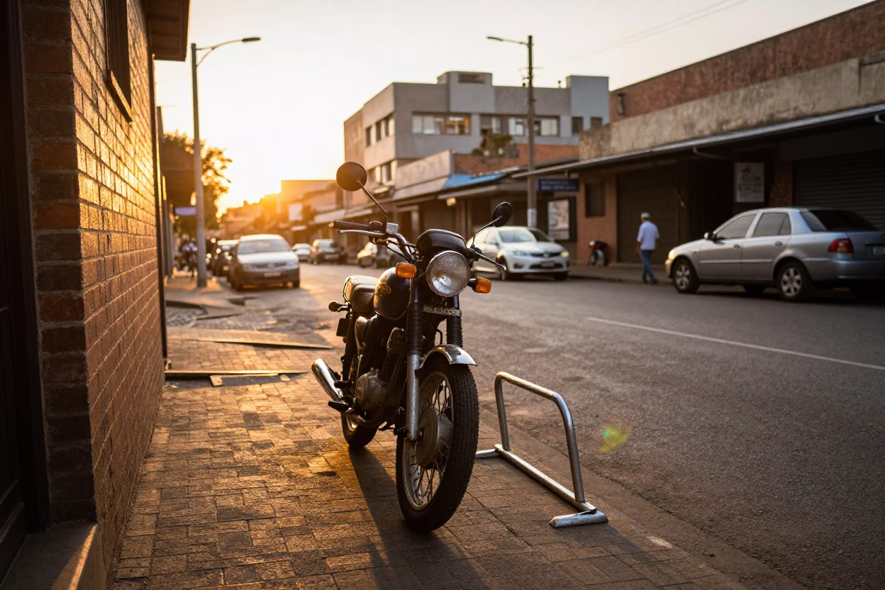 Golden Hour Street Scene in Johannesburg South Africa with Vintage Motorcycle and Peg Rail in in Johannesburg, South Africa