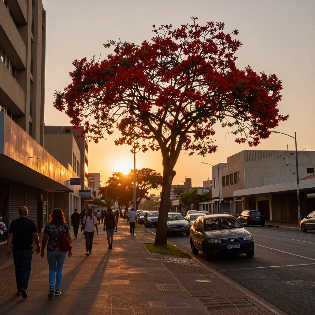 Golden Hour Street Scene in Johannesburg with Flame Tree Blooms and Vintage Automobiles in in Johannesburg, South Africa