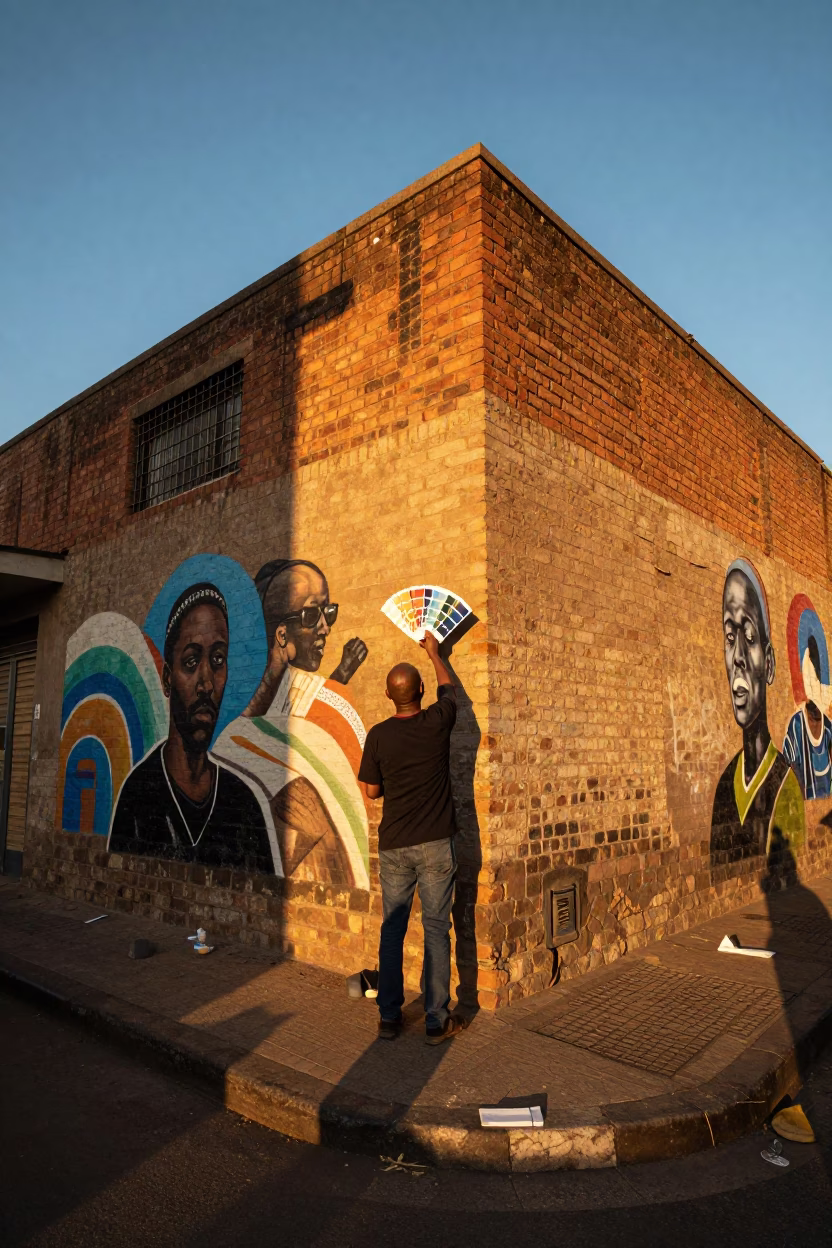 Golden Hour Street Scene in Johannesburg With Muralist Painting Sample Swatches From Scaffold in in Johannesburg, South Africa