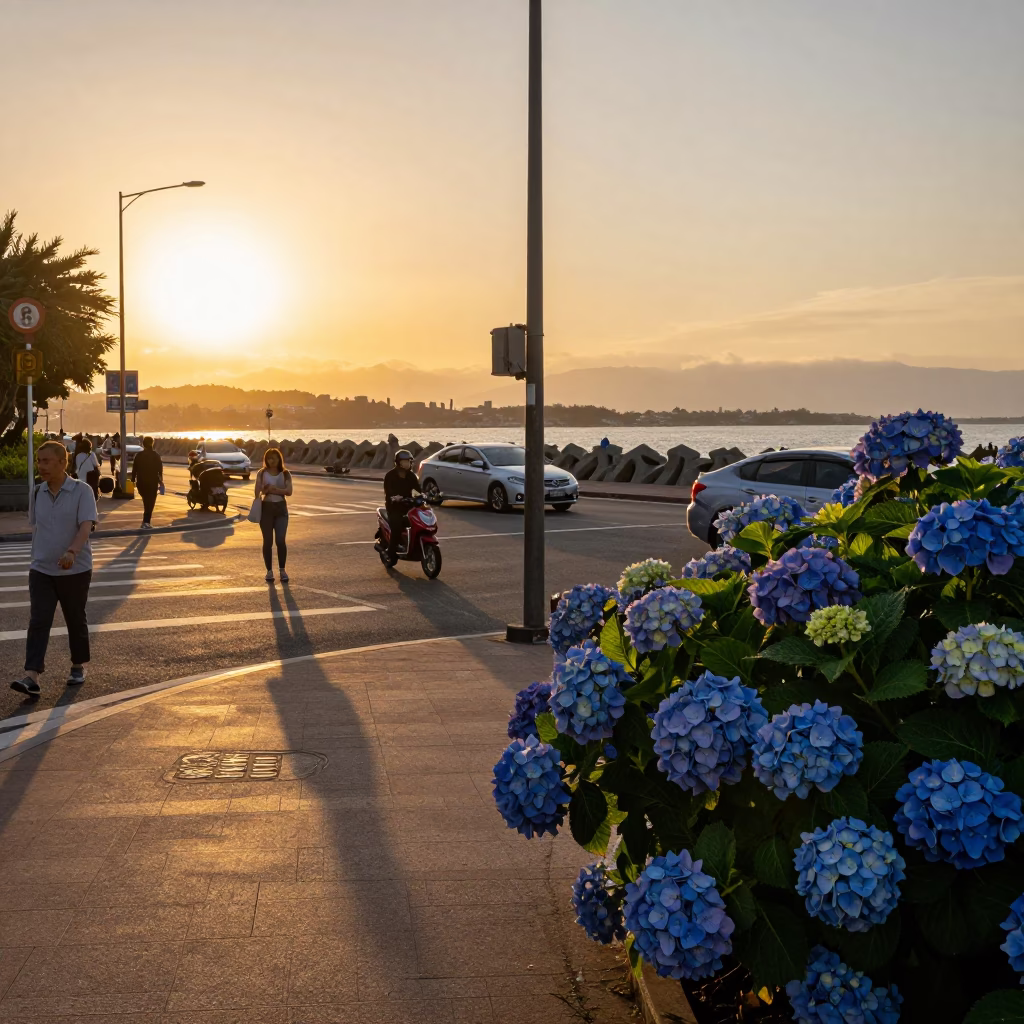 Golden Hour Street Scene in Kaohsiung Taiwan with Hydrangea Bush and Coastal Breakwater in in Kaohsiung, Taiwan