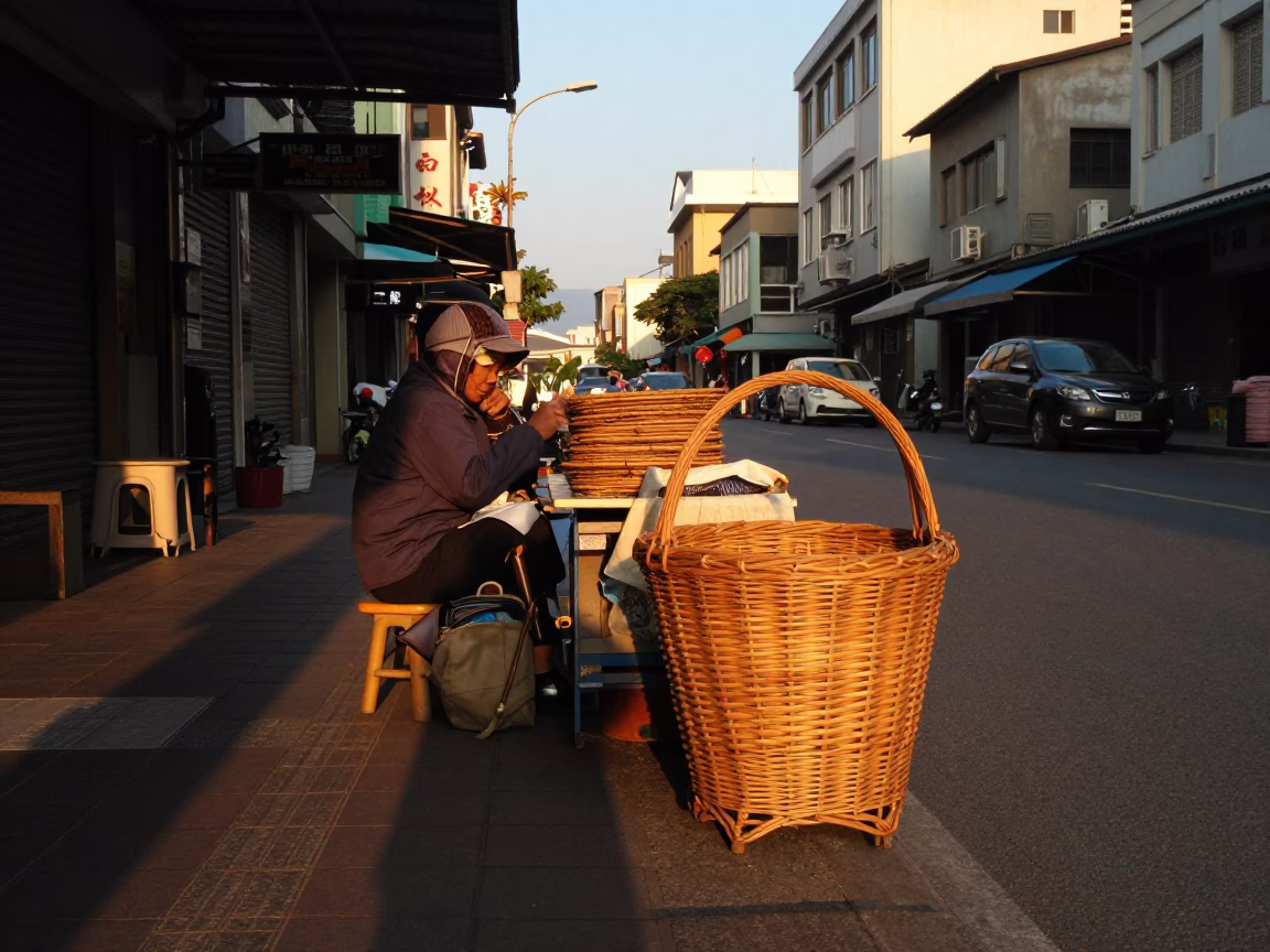 Golden Hour Street Scene in Kaohsiung Taiwan with Local Vendor and Wicker Hamper in in Kaohsiung, Taiwan