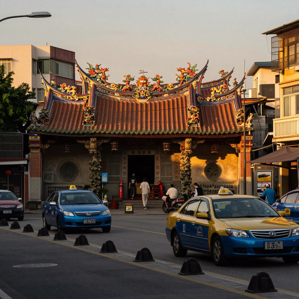 Golden Hour Street Scene in Kaohsiung Taiwan with Taxi Rank and Urban Activity in in Kaohsiung, Taiwan