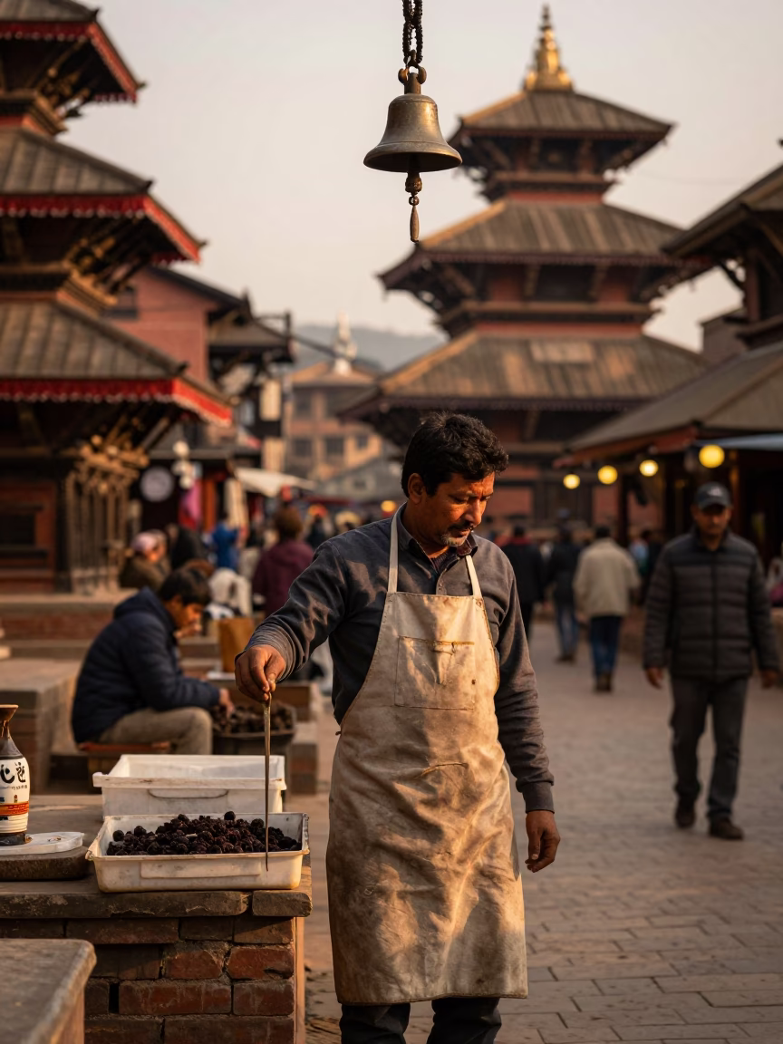 Golden Hour Street Scene in Kathmandu Nepal with Bell and Apron in in Kathmandu, Nepal