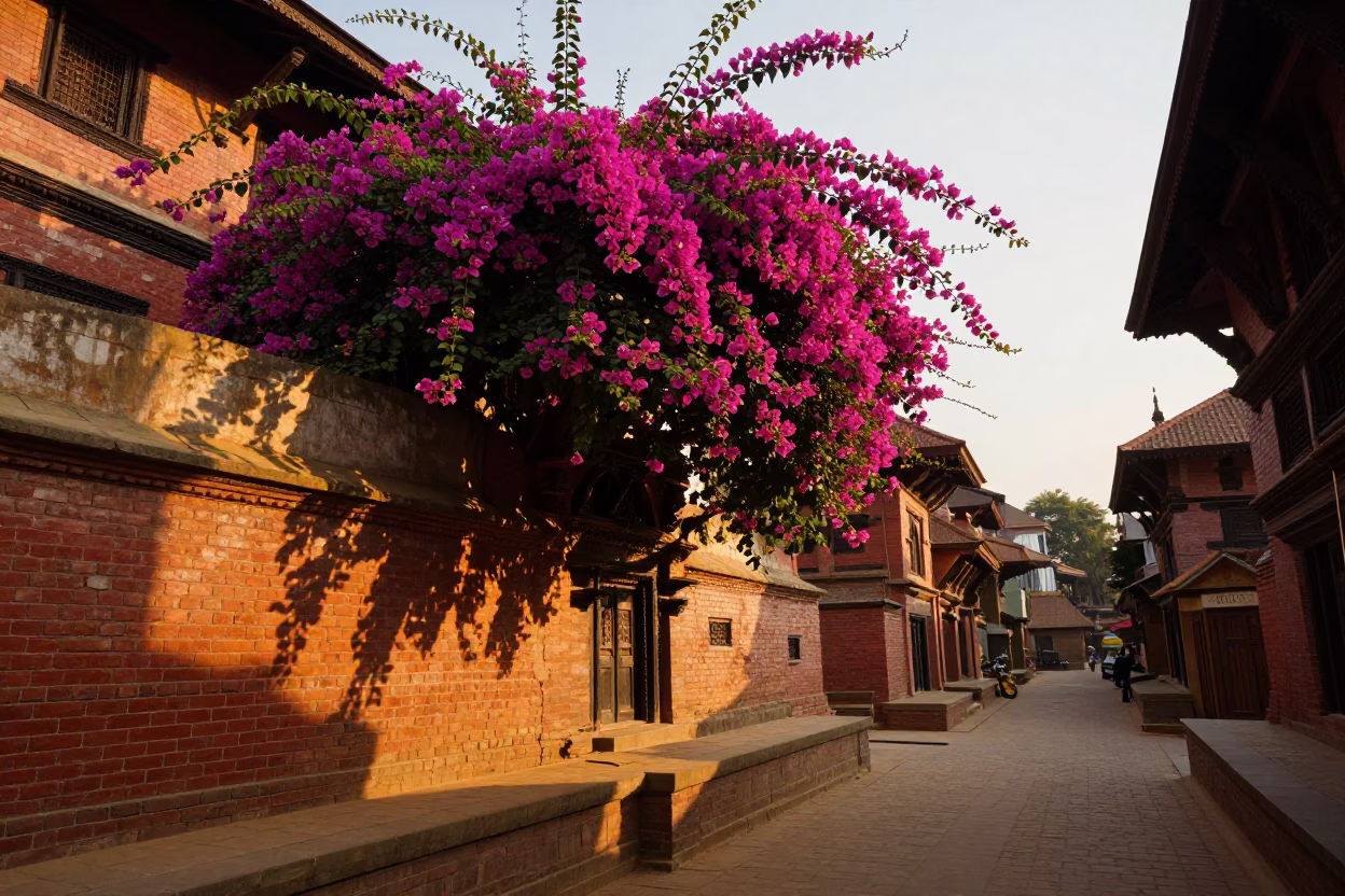 Golden Hour Street Scene in Kathmandu Nepal with Bougainvillea and Traditional Architecture in in Kathmandu, Nepal