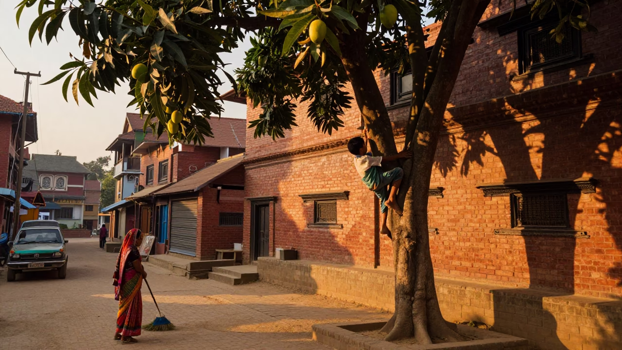 Golden Hour Street Scene in Kathmandu Nepal with Boy Climbing Mango Tree in in Kathmandu, Nepal