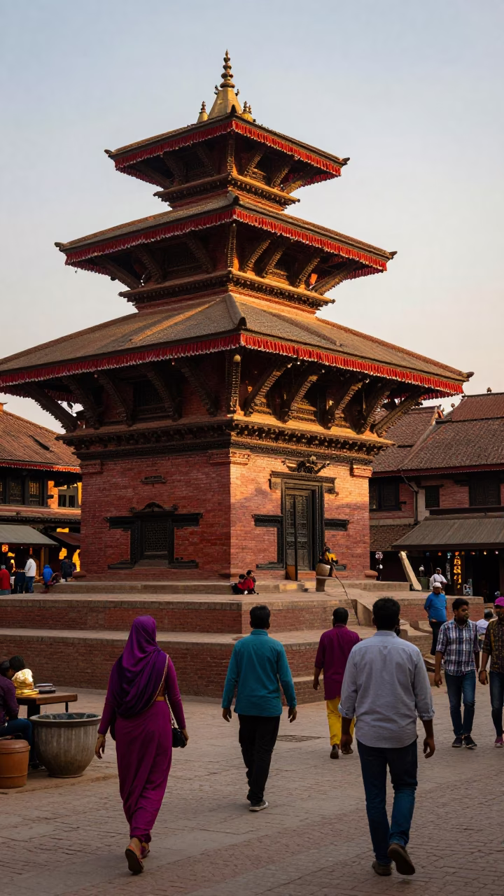 Golden Hour Street Scene in Kathmandu Nepal with Local Food and Architecture in in Kathmandu, Nepal