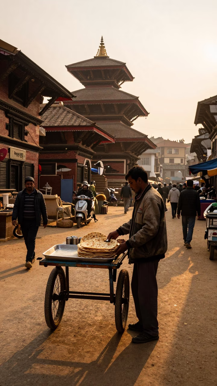 Golden Hour Street Scene in Kathmandu Nepal with Local Market Activity in in Kathmandu, Nepal