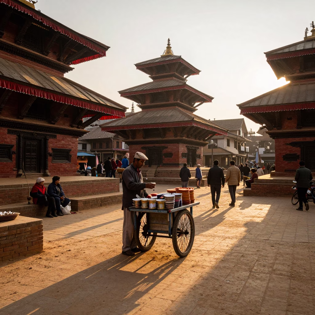 Golden Hour Street Scene in Kathmandu Nepal with Local Vendor and Chai in in Kathmandu, Nepal