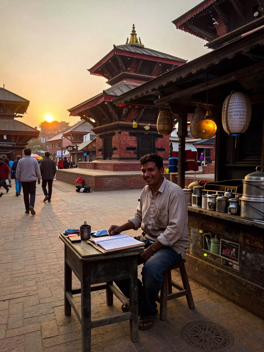 Golden Hour Street Scene in Kathmandu Nepal with Local Vendor and Ledger in in Kathmandu, Nepal