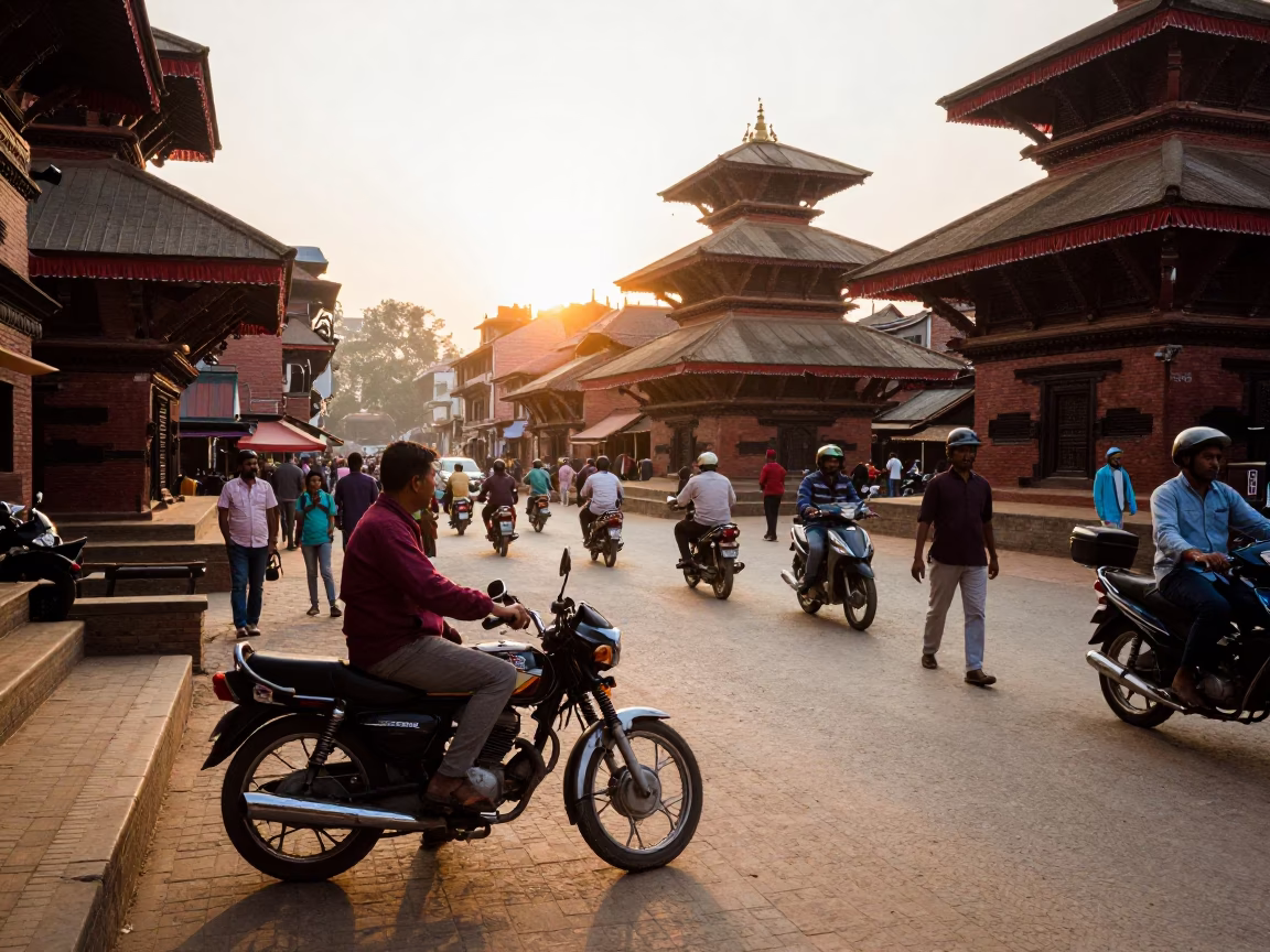 Golden Hour Street Scene in Kathmandu Nepal with Local Vendor and Vintage Motorcycle in in Kathmandu, Nepal