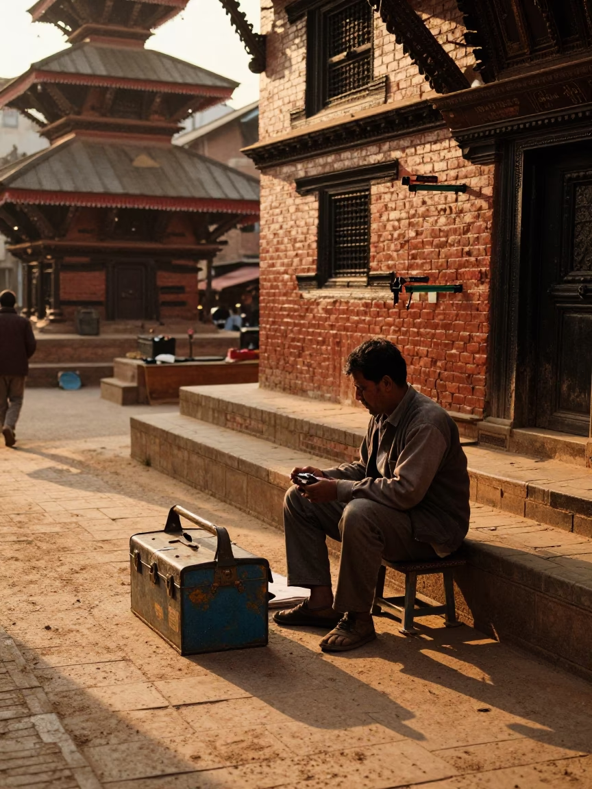 Golden Hour Street Scene in Kathmandu Nepal with Local Vendor and Vintage Toolbox in in Kathmandu, Nepal