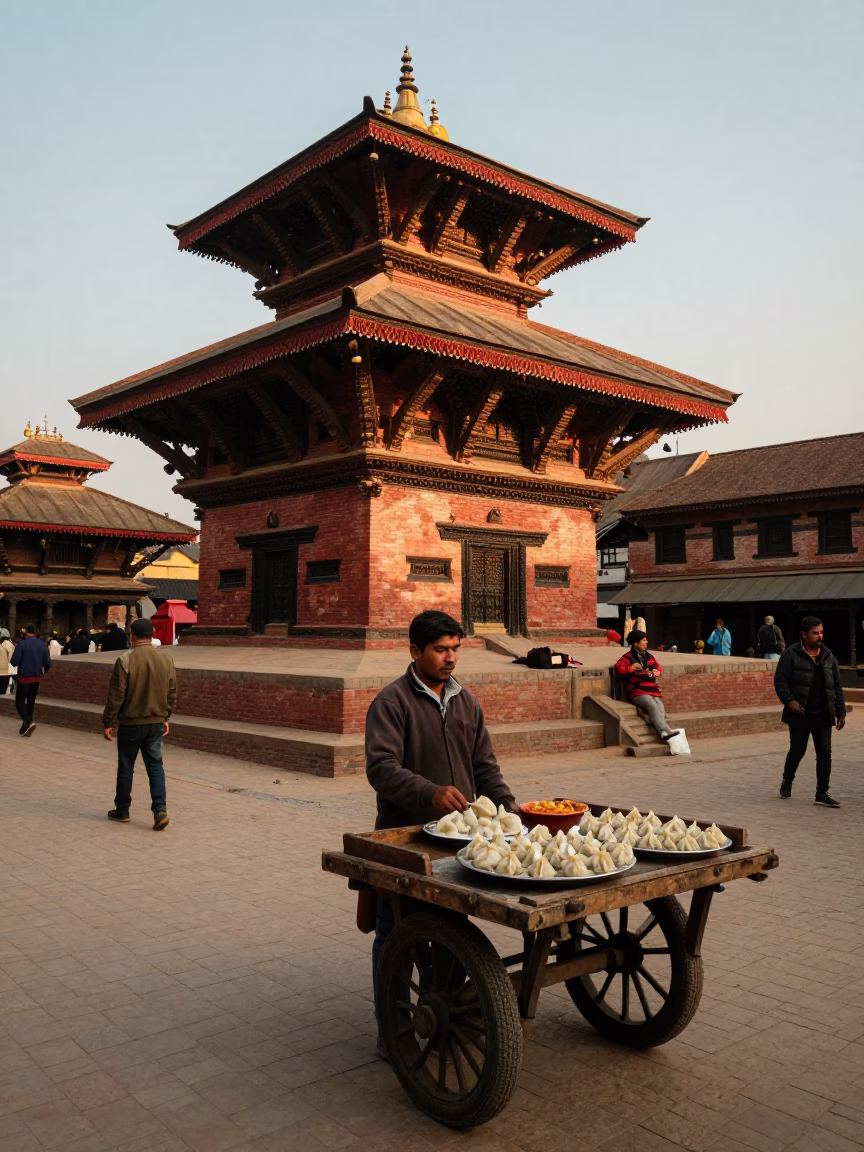 Golden Hour Street Scene in Kathmandu Nepal with Manti Dumplings and Local Life in in Kathmandu, Nepal