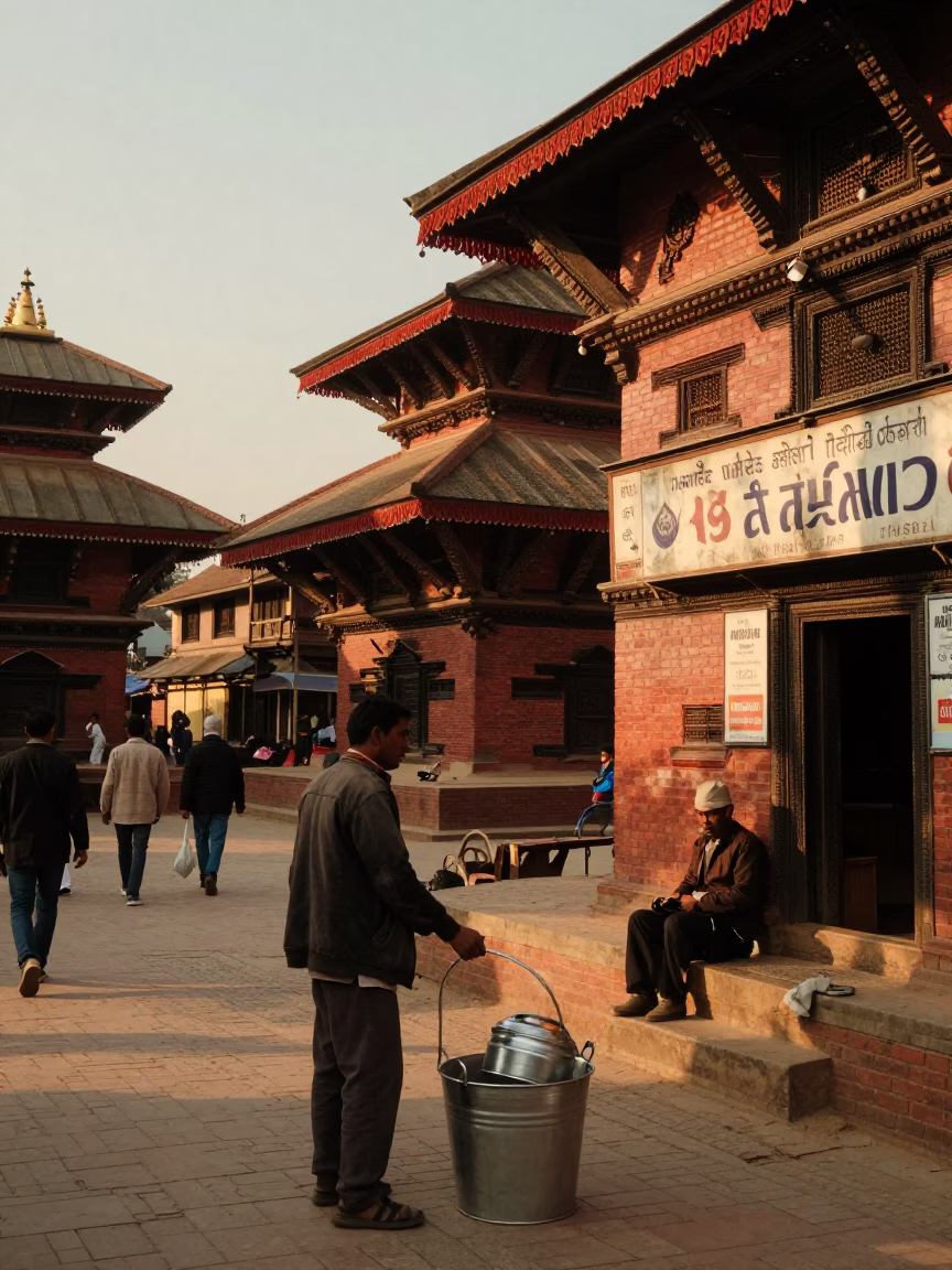Golden Hour Street Scene in Kathmandu Nepal with Metal Bucket and Local Activity in in Kathmandu, Nepal