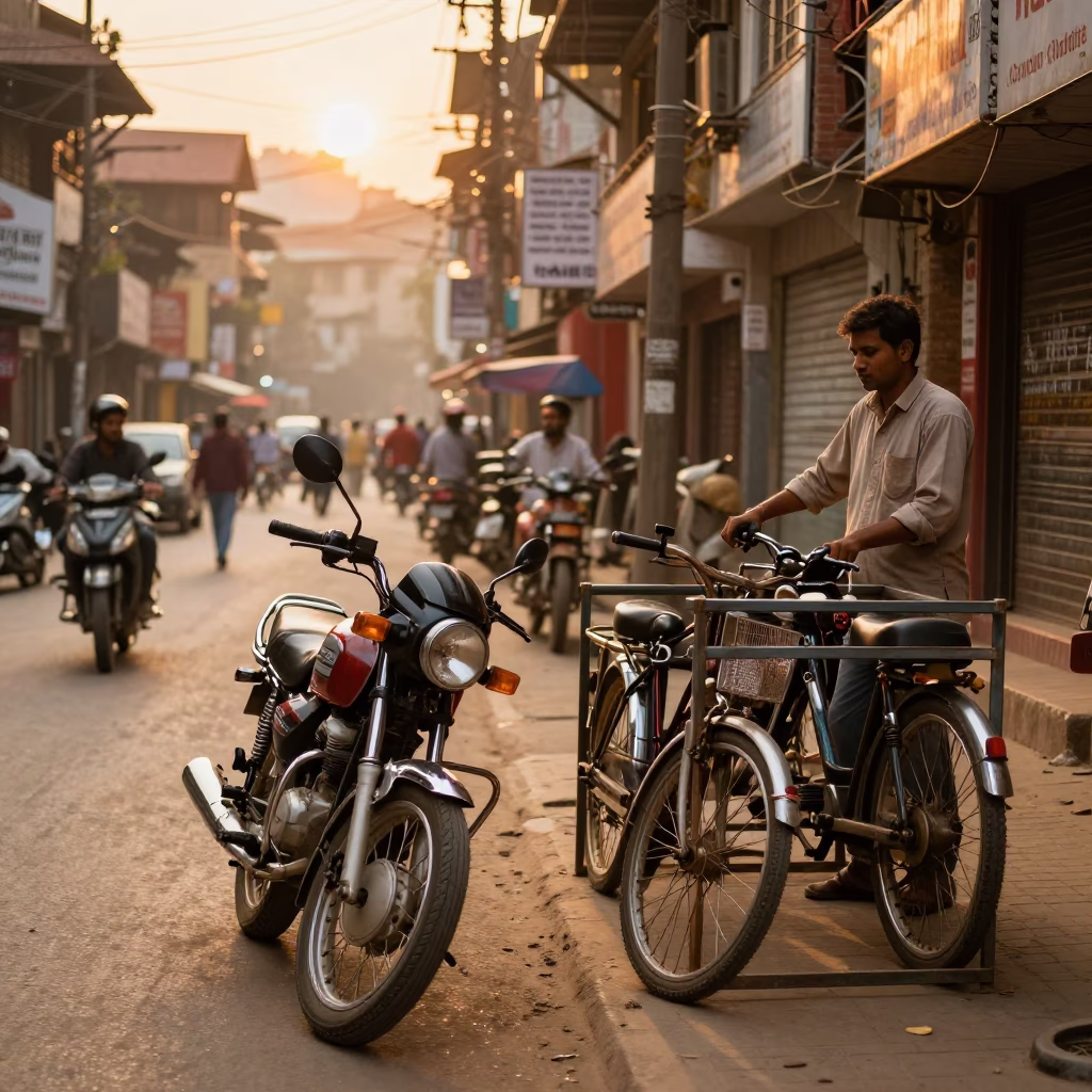 Golden Hour Street Scene in Kathmandu Nepal with Motorcycle and Urban Details in in Kathmandu, Nepal