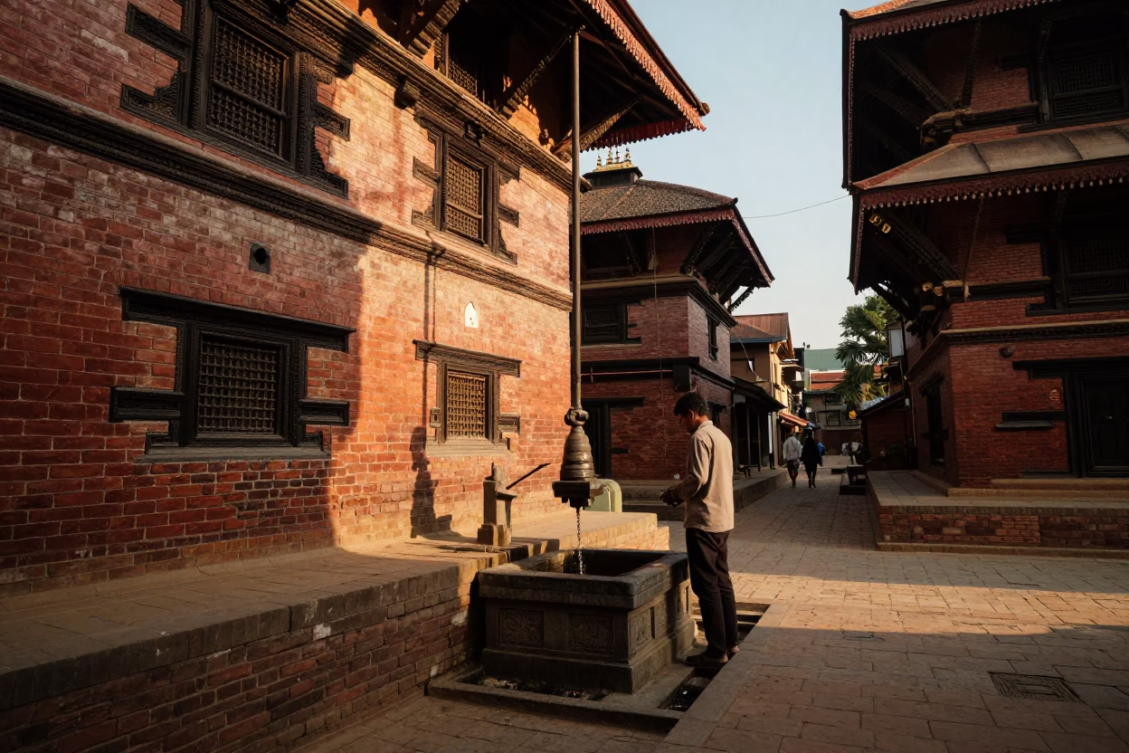 Golden Hour Street Scene in Kathmandu Nepal with Pulley and Wash Basin in in Kathmandu, Nepal