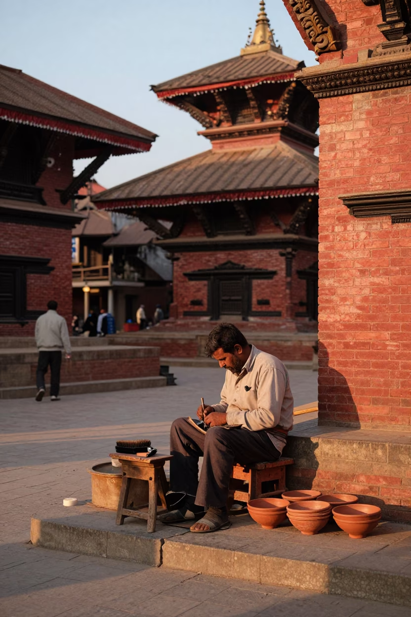 Golden Hour Street Scene in Kathmandu Nepal with Shoe Brush and Terracotta Bowls in in Kathmandu, Nepal