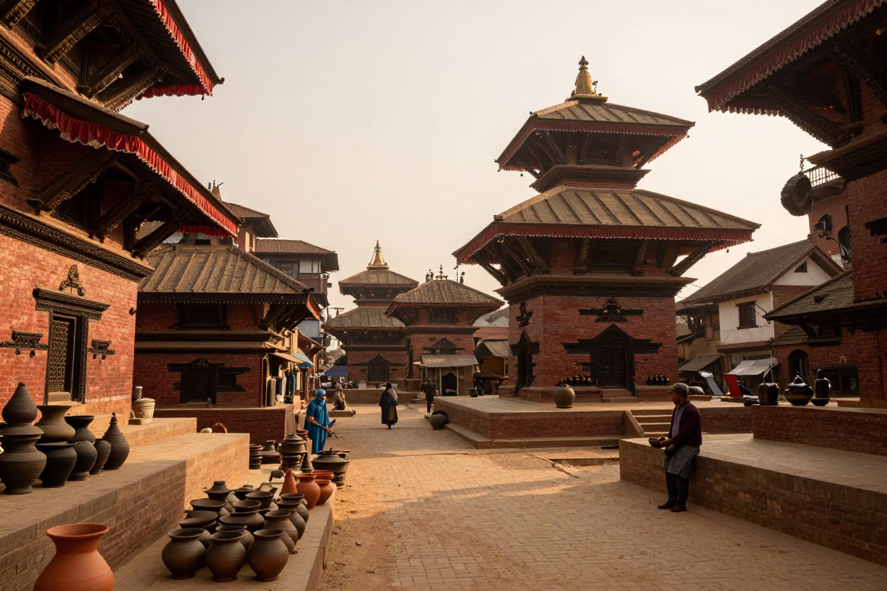 Golden Hour Street Scene in Kathmandu Nepal with Stacked Pottery and Daily Life in in Kathmandu, Nepal