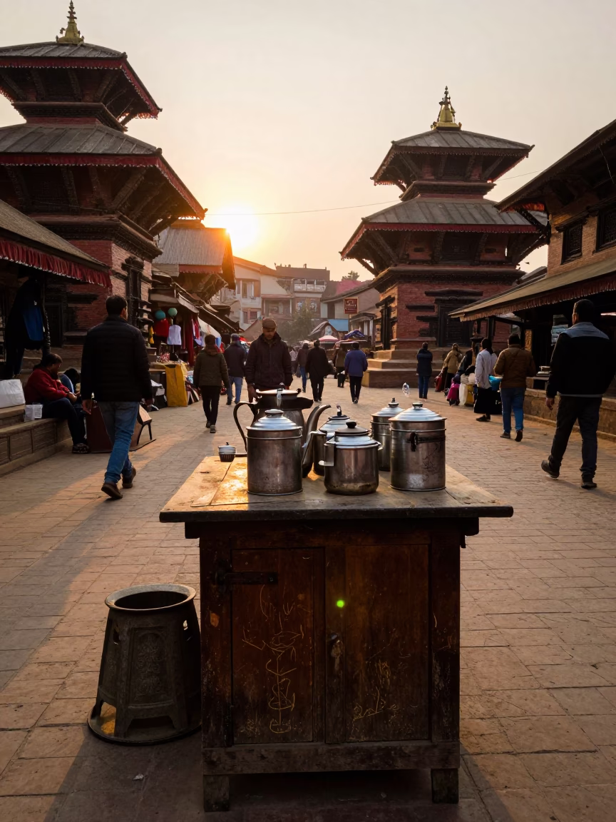 Golden Hour Street Scene in Kathmandu Nepal with Tea Tin and Local Market Activity in in Kathmandu, Nepal
