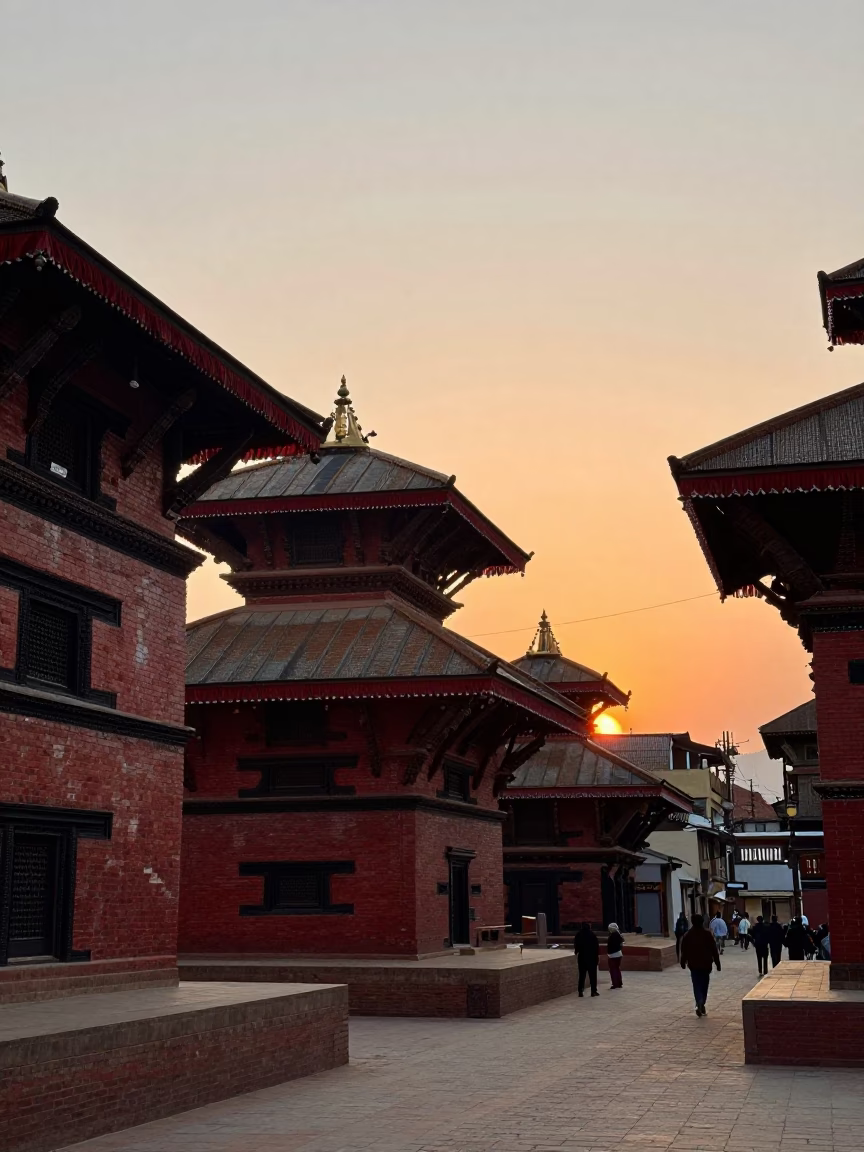 Golden Hour Street Scene in Kathmandu Nepal with Traditional Architecture and Daily Life in in Kathmandu, Nepal