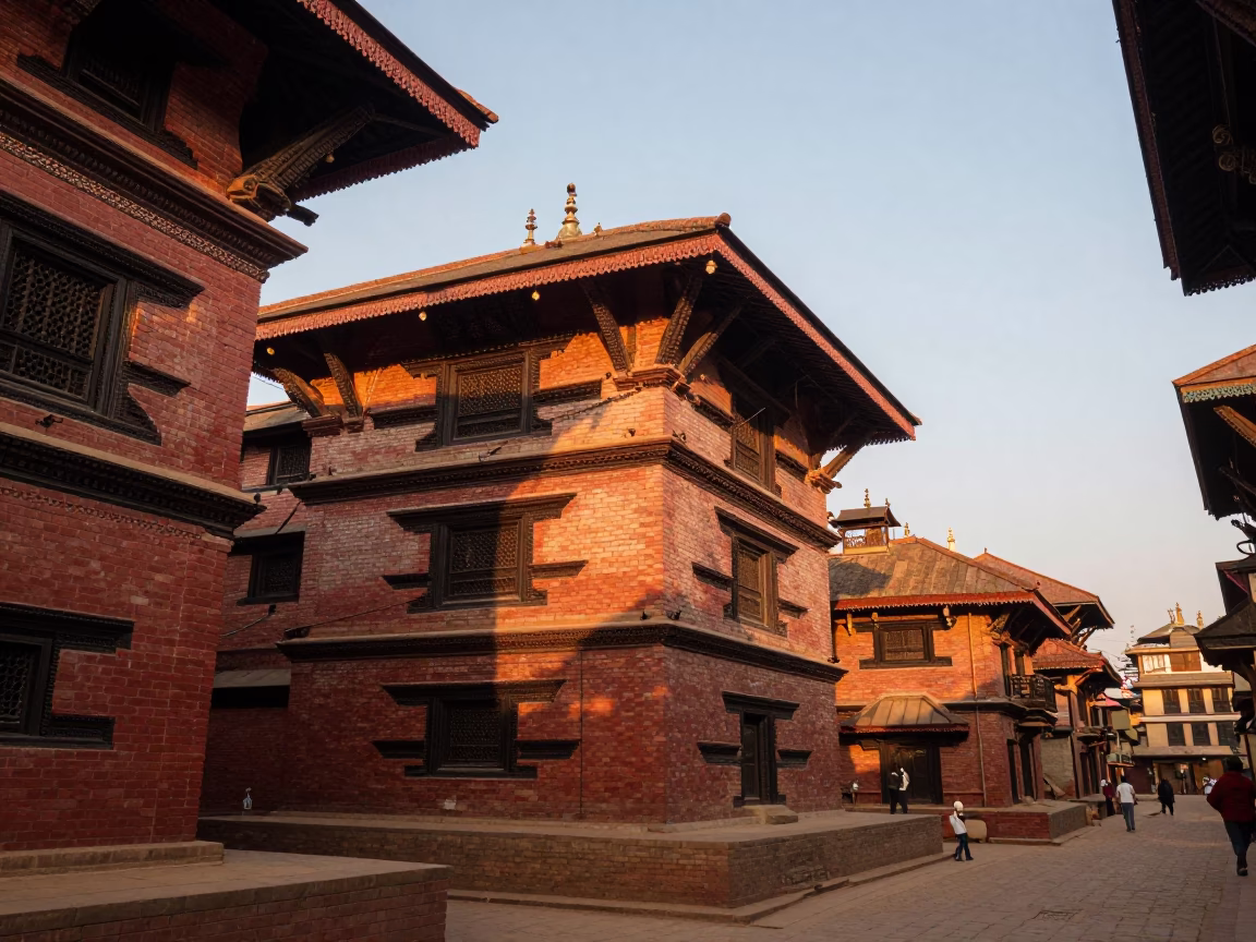Golden Hour Street Scene in Kathmandu Nepal with Traditional Brick Architecture and Local Life in in Kathmandu, Nepal