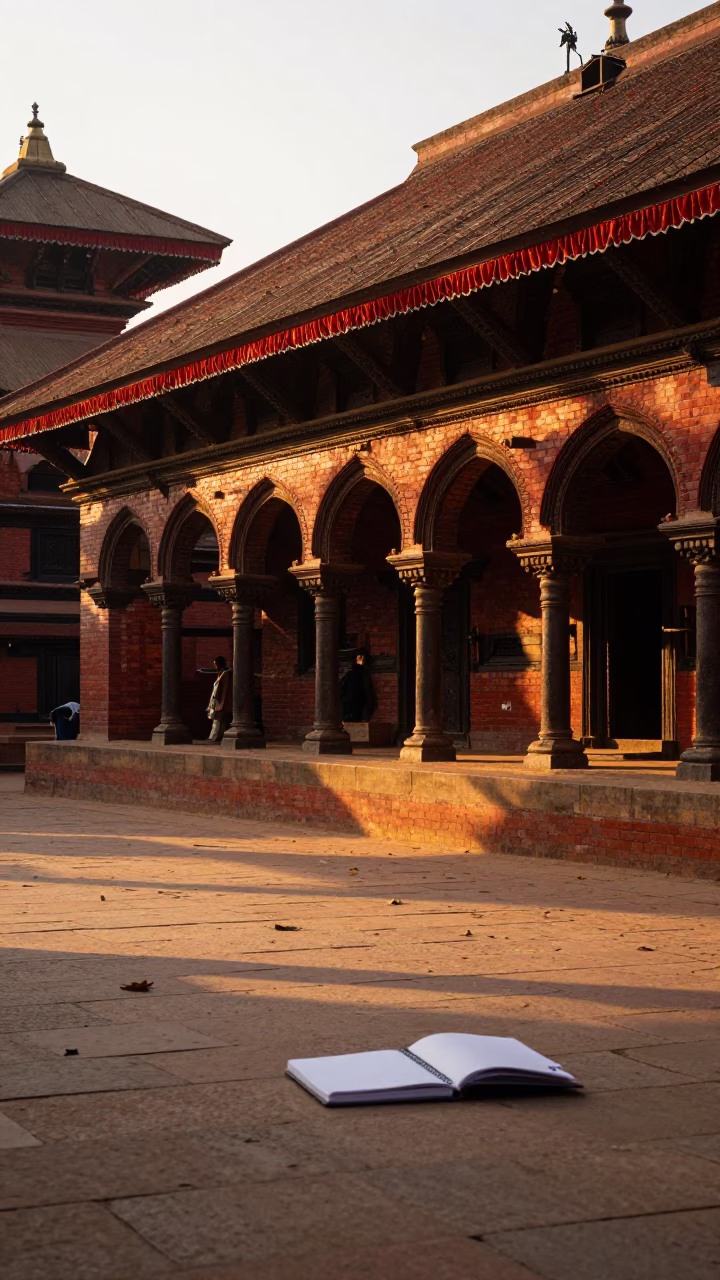 Golden Hour Street Scene in Kathmandu Nepal with University Arcade and Notebook in in Kathmandu, Nepal