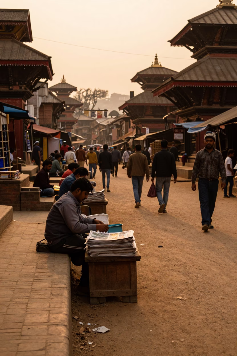 Golden Hour Street Scene in Kathmandu Nepal with Vendors and Daily Life in in Kathmandu, Nepal